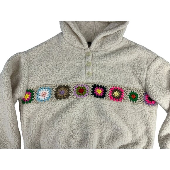 Cider Fleece Hoodie Sweater Women's M Beige Pullover Floral Crochet Winter Fall - Picture 3 of 4